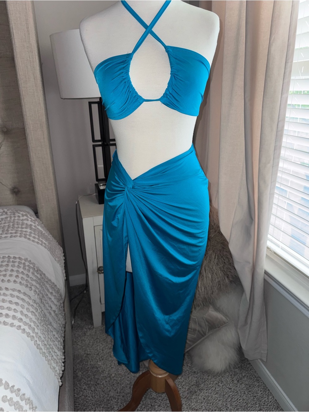 Turquoise Blue Two-Piece Halter Crop Top & Wrap Skirt Set